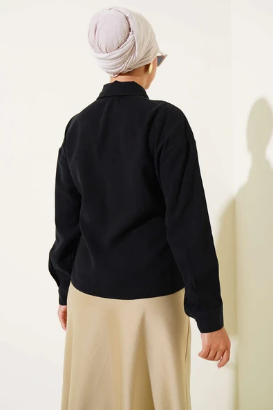 Yandan Bağcıklı Tensel Kısa Gömlek Siyah - Resim 3