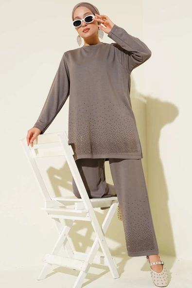 Loyşa Mini Taş Süslemeli İkili Takım Vizon ürün görseli 1