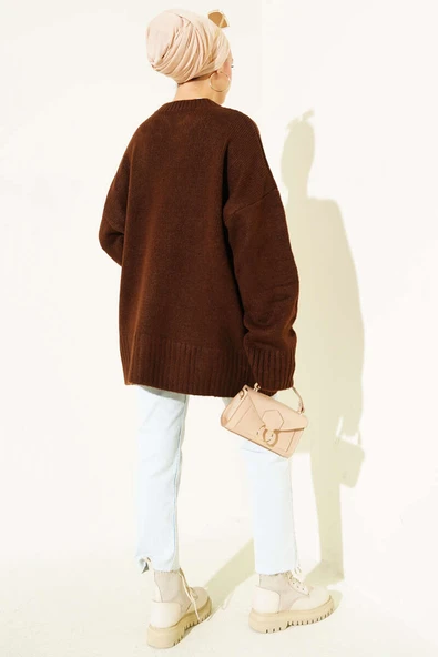 Basic Oversize Triko Tunik Kahve - Resim 3