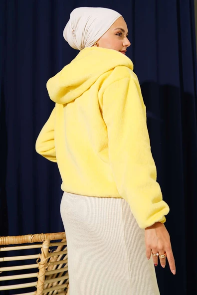 Kapüşonlu Kısa Kaşe Ceket Sarı - 3