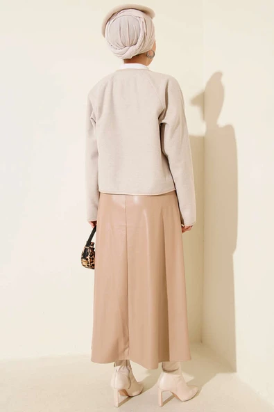 Deri Biyeli Kaşe Kısa Ceket Bej - 3