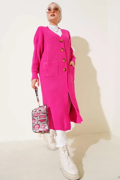 Düğmeli Cepli Uzun Triko Hırka Fuşya ürün görseli 1