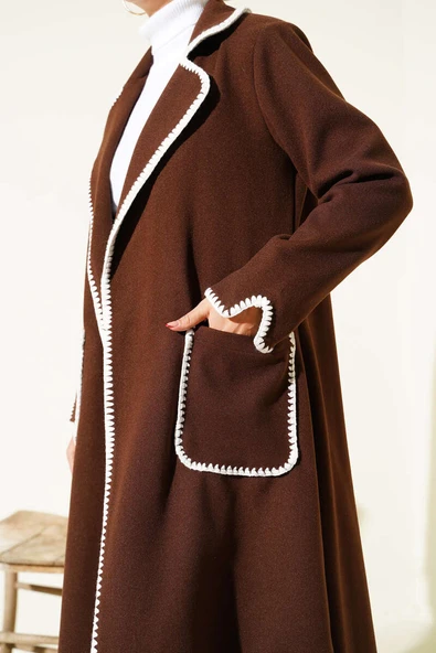 Midye Dikişli Kuşaklı Kaşe Kaban Kahve - 4