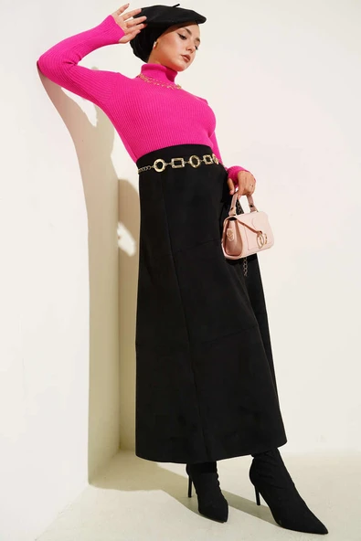 Balıkçı Yaka Parmak Geçirmeli Triko Kazak Fusya - Resim 2