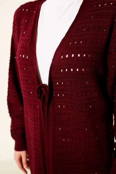 Bağcık Detaylı Uzun Triko Hırka Bordo - Resim 4