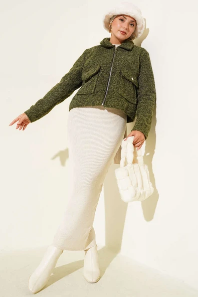 Çift Cepli Fermuarlı Kısa Ceket Haki - Resim 2