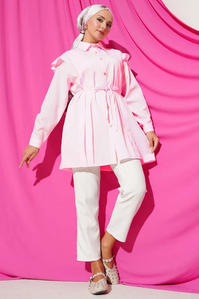 Omuz Fırfırlı Şeritli Kuşaklı Gömlek Toz Pembe - Resim 2