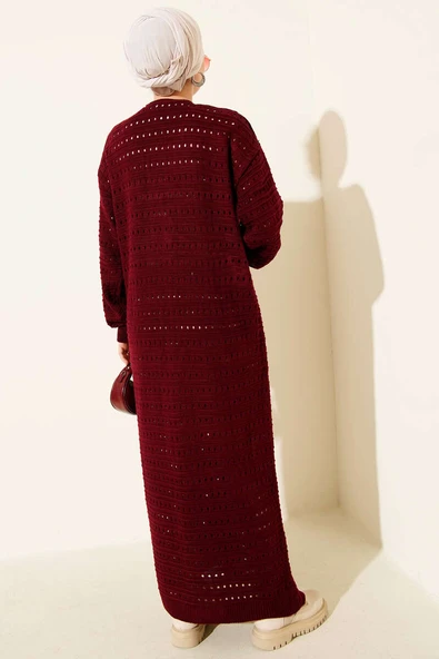 Bağcık Detaylı Uzun Triko Hırka Bordo - Resim 3