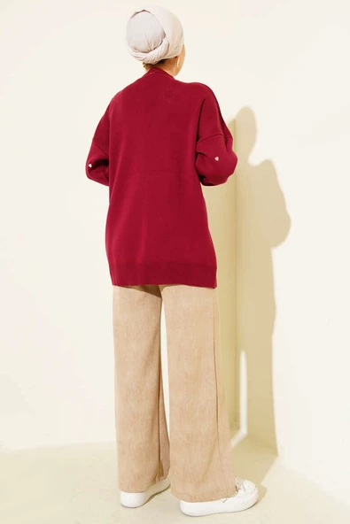 Küçük Kalp Nakışlı Triko Kazak Bordo - Resim 3