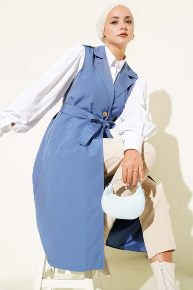 Kuşaklı Sıfır Kol Trençkot İndigo ürün görseli 1