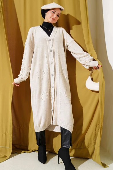 Taşlı Düğmeli Triko Hırka Bej - Resim 2