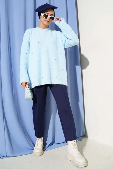 Taş Detaylı Sakallı Kazak Mavi - 2