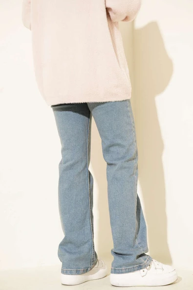 Kemerli İspanyol Paça Kot Pantolon Açık Mavi - Resim 3