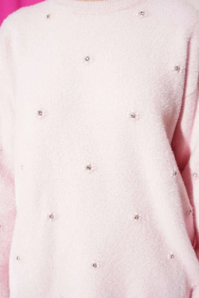 Taş Detaylı Sakallı Kazak Pudra - Resim 4