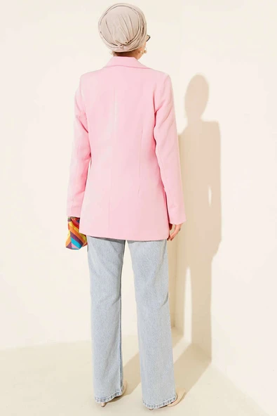 Cep Kapaklı Tek Düğmeli Blazer Ceket Pembe - Resim 3