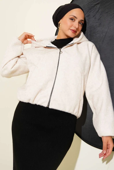 Kapüşonlu Kısa Kaşe Ceket Bej - 2