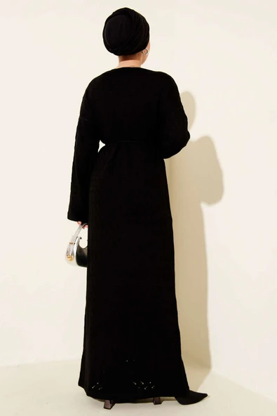 İp Kuşaklı Ajurlu Triko Elbise Siyah - 3