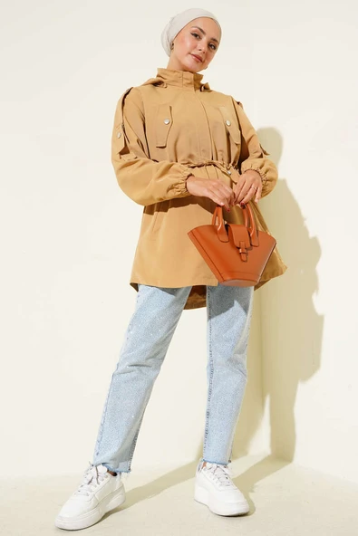Bel Tünelli Kapüşonlu Trençkot Camel - Resim 2