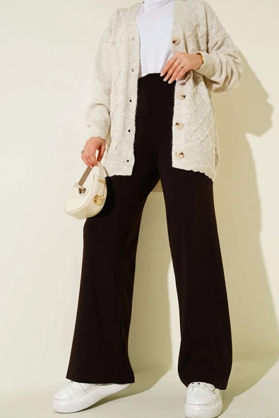 Bol Paça Triko Pantolon Kestane - Resim 2