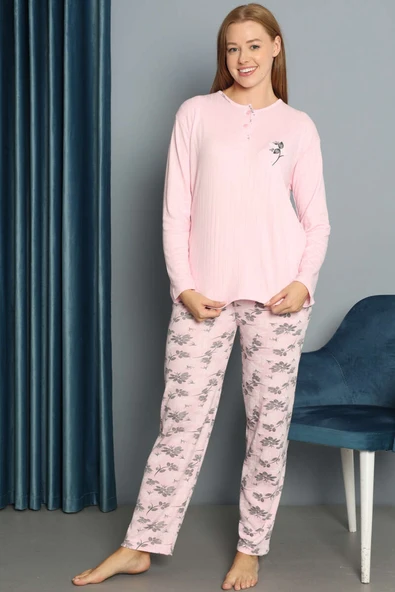 Çiçek Desenli Fitilli Pijama Takımı Pembe - Resim 2