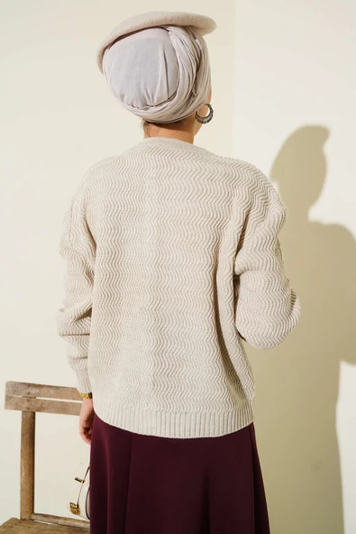 Zikzak Desenli Gold Düğmeli Triko Hırka Bej - Resim 3