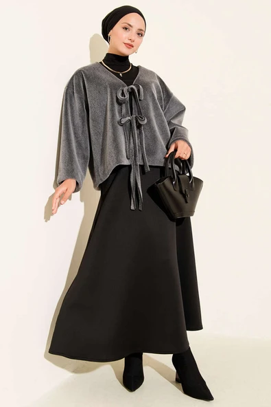 Basic İp Detaylı Sakallı Ceket Gri - Resim 2