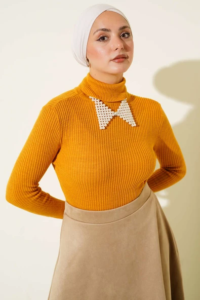 Balıkçı Yaka Parmak Geçirmeli Triko Kazak Hardal ürün görseli 1