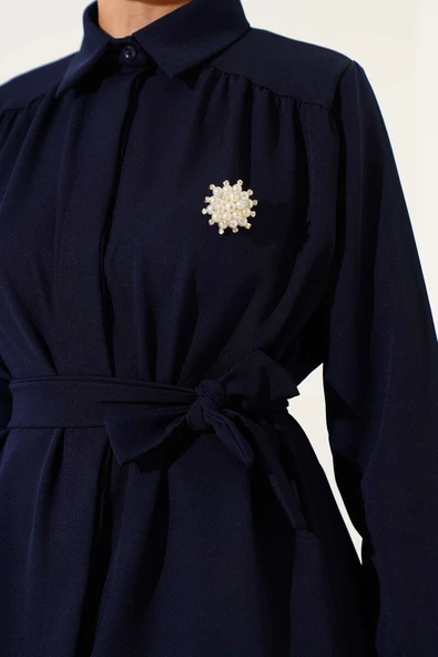 Gizli Düğmeli Kuşaklı Dabıl İkili Takım Lacivert - Resim 4