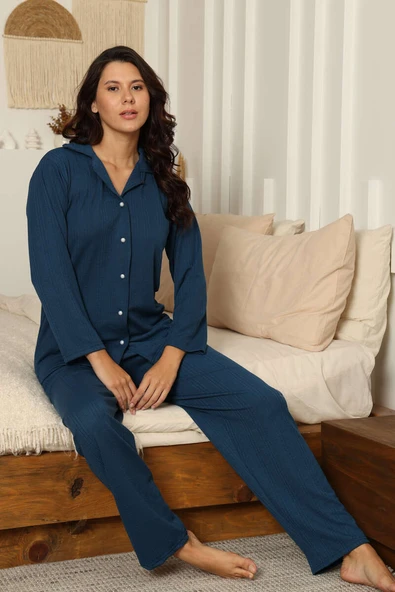 Fitilli Gömlek Yaka Pijama Takımı Petrol - 2