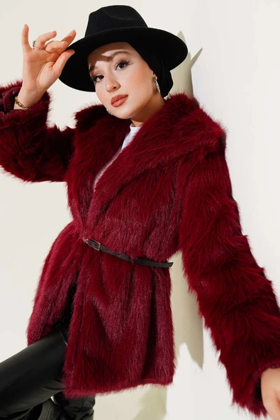 Madonna Yaka Kemerli Kürk Mont Bordo ürün görseli 1