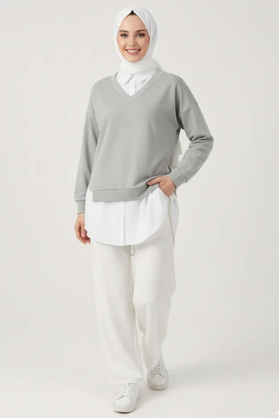 Gömlek Yakalı Granili Tunik Gri - Resim 2