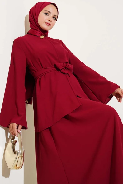 Tek Düğmeli Kuşaklı Dabıl İkili Takım Bordo ürün görseli 1
