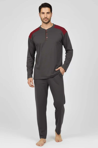 Yaka Düğmeli Büyük Beden İnterlok Erkek Pijama Takım Füme ürün görseli 1