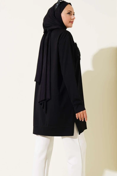 Loyşa Çiçekli Taşlı Tunik Siyah - Resim 3