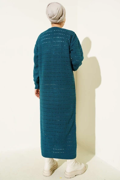 Bağcık Detaylı Uzun Triko Hırka Petrol - Resim 3