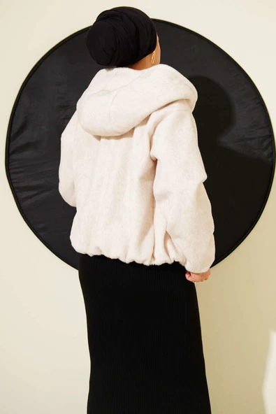 Kapüşonlu Kısa Kaşe Ceket Bej - 3