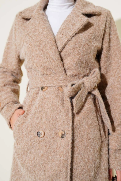 Kruvaze Yaka Kuşaklı Kaşe Kaban Camel - Resim 4