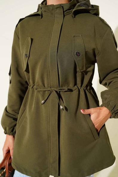 Bel Tünelli Kapüşonlu Trençkot Haki - Resim 4