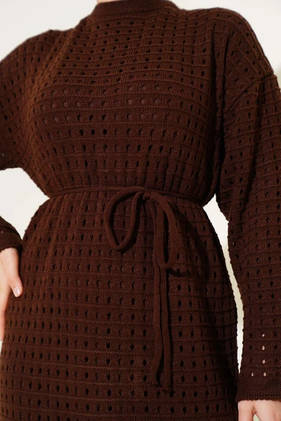 Ajurlu İp Kuşaklı Triko Elbise Kahve - Resim 4