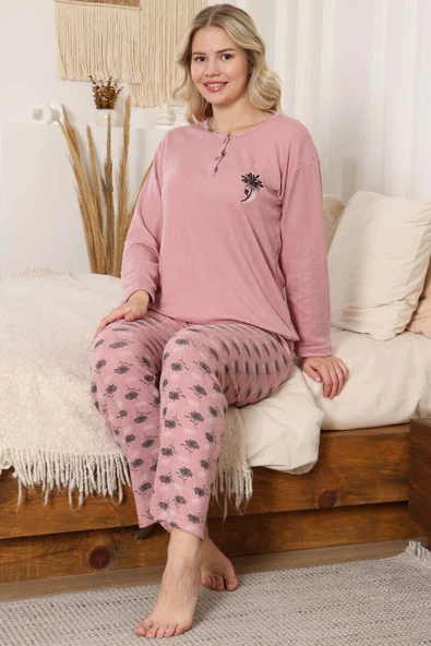 Desen Fitilli Pijama Takımı Pudra - Resim 2