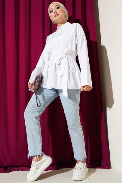 Gizli Düğmeli Bel Kuşaklı Gömlek Beyaz - Resim 2
