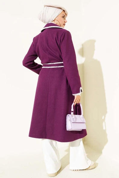 Midye Dikişli Kuşaklı Kaşe Kaban Mürdüm - Resim 3