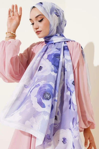 Retro Rose Desen Şal Açık Mor - Resim 2