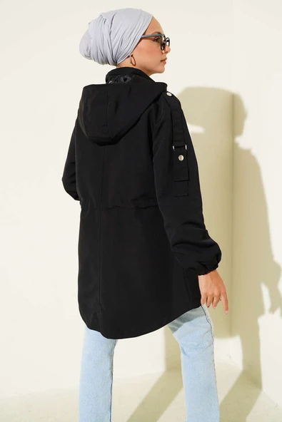 Bel Tünelli Kapüşonlu Trençkot Siyah - Resim 3