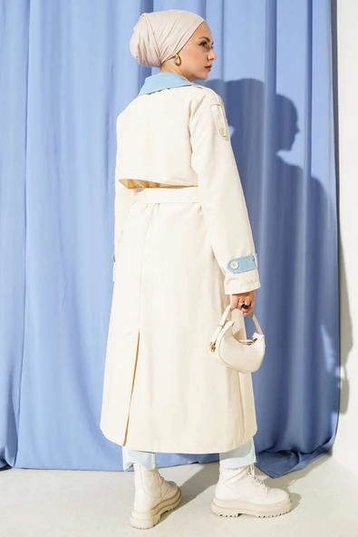 Kot Garnili Apoletli Trençkot Ekru - Resim 3