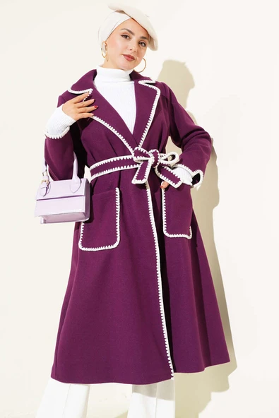 Midye Dikişli Kuşaklı Kaşe Kaban Mürdüm - Resim 2