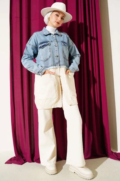 Garnili Kot Triko Hırka Kot Mavisi - Resim 2