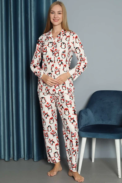 Penguen Desen Süet Pijama Takımı Beyaz - Resim 2