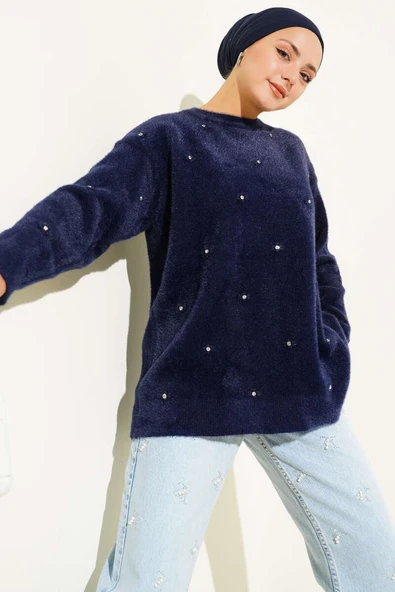 Taş Detaylı Sakallı Kazak Lacivert