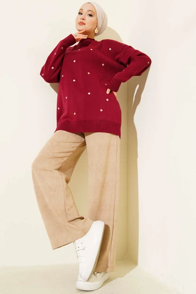 Küçük Kalp Nakışlı Triko Kazak Bordo - Resim 2